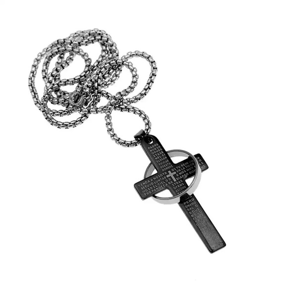 Spanish Bible Lord's Prayer Titanium Steel Cross with ring Necklace Chain - Picture 2 of 4